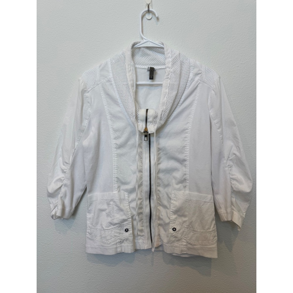 XCVI Womens White Cotton Mesh Mix Zip Up Jacket Cowl Neck Ruched Sleeve M‎